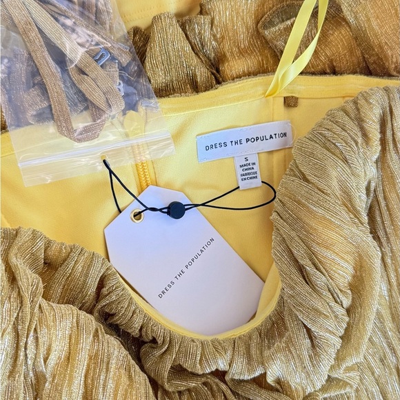 DRESS THE POPULATION Strapless Yellow Dress 
Ombre pleated plisse,  Size S - Picture 7 of 10
